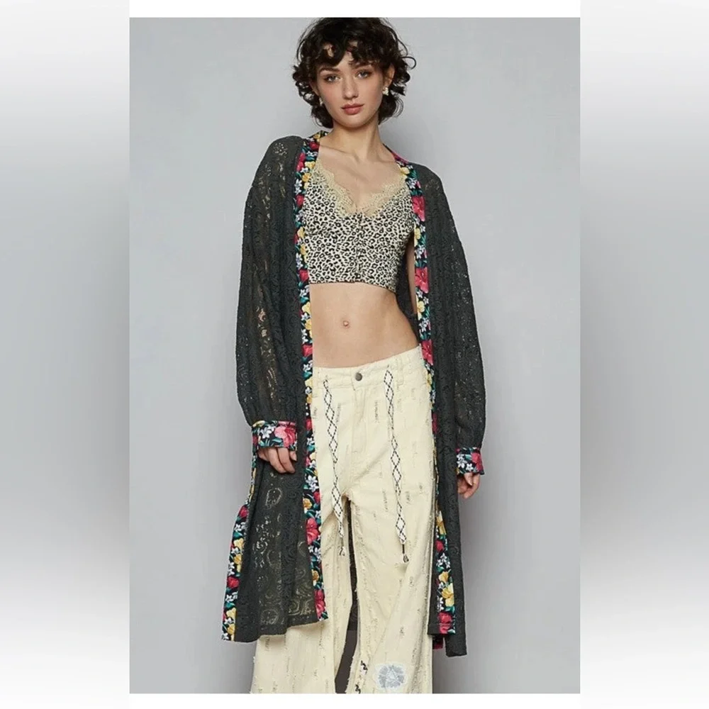 POL Charcoal Lace/Floral Belted Cardigan - Picture 1 of 5